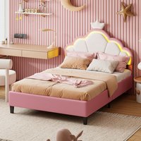 Doppelbett 140x200cm – Prinzessinnenbett mit LED-Beleuchtung, wolkenförmigem Kopfteil, Lattenrost, Jugendbett, Erwachsenenbett, Kunstleder – Rosa von TANANT