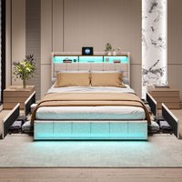 Doppelbett mit Schubladen 180x200 cm – Mit LED-beleuchtetem Kopfteil, 4 Schubladen und 2 USB-Ladeanschlüssen, Lattenrost, Leinen – Beige von TANANT
