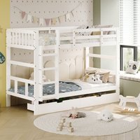 Etagenbett 90x200 cm, Kinderbett mit 2 Schubladen, herausnehmbarem Lattenrost, Doppelbett, Absturzsicherung, modernes Design, weiß von TANANT