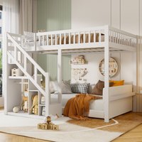 Hochbetten 90x200 cm, Hochbett für Kinder, 1 Platz, Treppe mit Stauraum, Holzlattenrost, Sicherheitsbarriere - Weiß von TANANT