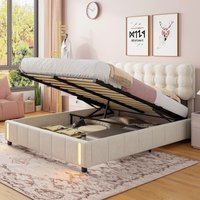 Polsterbett 140 x 200 cm – Samtstoff, Doppelbett mit hydraulischem Stauraum, LED-Beleuchtung am Ende des Bettes, gepolstertes Kopfteil, Lattenrost, von TANANT