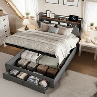 Polsterbett 140x190 cm, Leinenstoff, Doppelbett mit Lattenrost, Kopfteil mit LED-Beleuchtung und USB, 2 Schubladen, großer Stauraum, Design, von TANANT