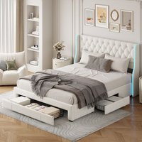 Polsterbett 140x200cm mit 3 Schubladen, Doppelbett mit Kopfteil mit Nietenverzierung, LED-Beleuchtung, Lattenrost, Bettrahmen, Stauraum, Samtbett für von TANANT