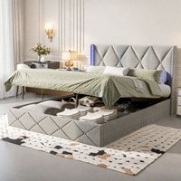 Polsterbett Doppelbett 160x200 cm – Samt, Doppelbett mit Lattenrost, Rautenkopfteil mit LED-Lichtleiste, Stauraum, Bettgestell, gepolstertes Polsterbett Doppelbett 160x200 cm – Samt, Doppelbett mit Lattenrost, Rautenkopfteil mit LED-Lichtleiste, Stauraum, Bettgestell, gepolstertes von TANANT