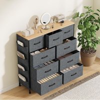 Stoffkommode mit 9 Schubladen, Schlafzimmer-Kommode, Metallgestell, Holzgriffe, großer Stauraum, Design, Grau Stoffkommode mit 9 Schubladen, Schlafzimmer-Kommode, Metallgestell, Holzgriffe, großer Stauraum, Design, Grau von TANANT
