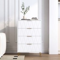 Kommode 60 cm, Schlafzimmerkommode mit 4 Schubladen - Goldbeine, Goldgriffe, Rautendekor, für Schlafzimmer, Flur, Wohnzimmer - Weiß Kommode 60 cm, Schlafzimmerkommode mit 4 Schubladen - Goldbeine, Goldgriffe, Rautendekor, für Schlafzimmer, Flur, Wohnzimmer - Weiß von TANANT