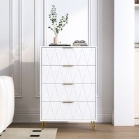 Kommode 60 cm, Schlafzimmerkommode mit 4 Schubladen - Goldbeine, Goldgriffe, Rautendekor, für Schlafzimmer, Flur, Wohnzimmer - Weiß von TANANT