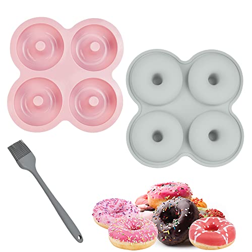 TANCUDER 2 Stück Donuts Backform Silikon Donut-Formen Backform Antihaft Donut Backblech 4 Hohlraum Donut Backform Muffinbackformen Donatbackform mit Silikonpinsel für Kuchen,Cupcakes (Rosa, Blau) von TANCUDER