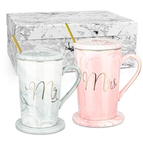 Mr und Mrs Tassen Partnertassen, Kaffeetassen Set Keramik Mommy und Daddy Paar Tassen Brautpaar Hochzeit Verlobung Kaffeebecher Tasse Kaffeebecher Becherset Geschenkset mit Deckel Löffel Geschenkbox von TANGHSE