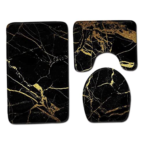TANGPINGMAO Badmatten Nicht-Schlupf-3-teilige Toilettenmatte Set, Badematte + Podest + Toilettensitz Abdeckung Deckel Deckel Weiche Polyester Badezimmer Teppichteppich (50 x 80 cm, schwarzes Gold) 1 von TANGPINGMAO