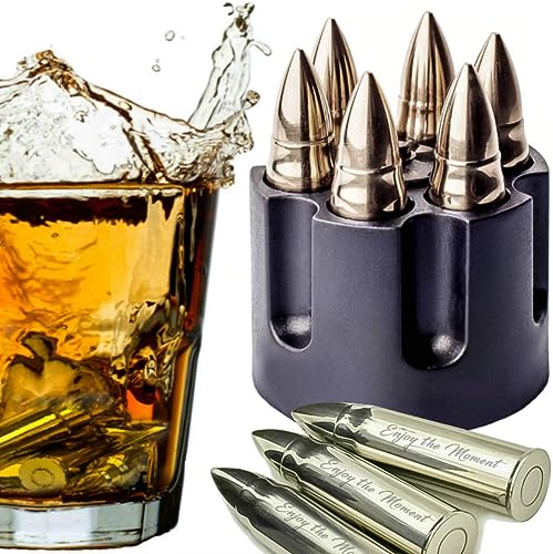 Whiskey Stones Große 6 Lasergravur Edelstahl Silber Bullets mit Revolver Fass Basis Wiederverwendbare Chilling Rocks Stein Eiswürfel Kühler Geburtstag Geschenkset für Vatertag, Militärmann von TANGRA