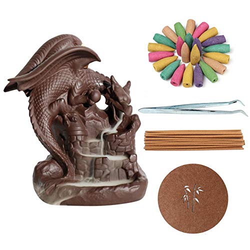 Rückfluss Räucherstäbchenhalter Wasserfall Räuchergefäß Keramik Fliegender Drache Aromatherapie Ornament Home Decor mit 120 Rückfluss Räucherkegeln + 30 Räucherstäbchen von OUAYEMEL