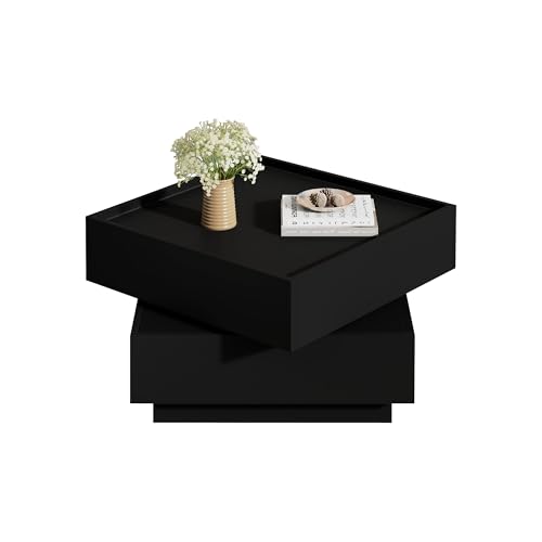 TANGYANGNY Couchtisch für das Wohnzimmer, 360° drehbar, drehbare Tischplatte mit 2 Ablagen und Stauraum, Gestell Wohnzimmerbeistelltisch, 60 * 60 * 38 cm (schwarz) von TANGYANGNY