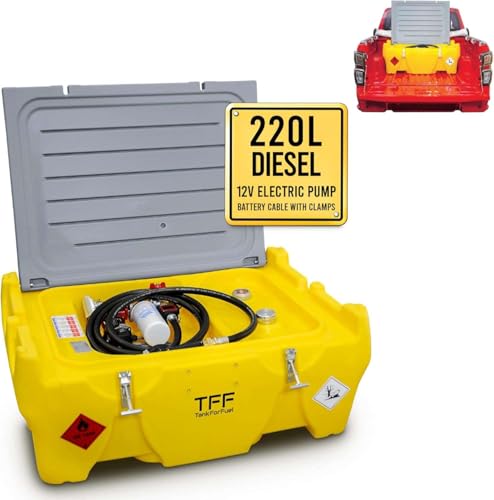 TFF Dieseltank Portabel, 220 Liter mit 12V DC Dieselpumpe, Durchflussrate 40 l/min. Mobiler Dieseltank für PickUp mit Stromkabel, 4 m Schlauch und automatischer Zapfpistole von TANK FOR FUEL