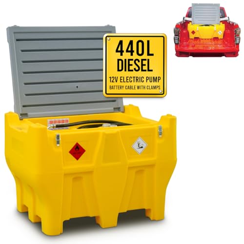 TFF Dieseltank Portabel, 440 Liter mit 12V DC Dieselpumpe, Durchflussrate 40 l/min. Mobiler Dieseltank für PickUp mit Stromkabel, 4 m Schlauch und automatischer Zapfpistole von TANK FOR FUEL