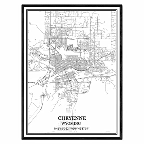 TANOKCRS Cheyenne Wyoming Vereinigte Staaten Karte Wandkunst Leinwand drucken Poster Artwork ungerahmt moderne Schwarz-Weiß-Karte Souvenir Geschenk Home Decor 28x36 cm von TANOKCRS