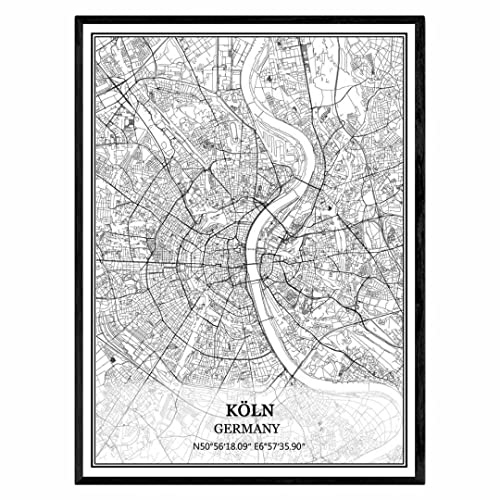 TANOKCRS Köln Deutschland Karte Wandkunst Leinwand drucken Poster Artwork ungerahmt moderne Schwarz-Weiß-Karte Souvenir Geschenk Home Decor 61x92 cm von TANOKCRS