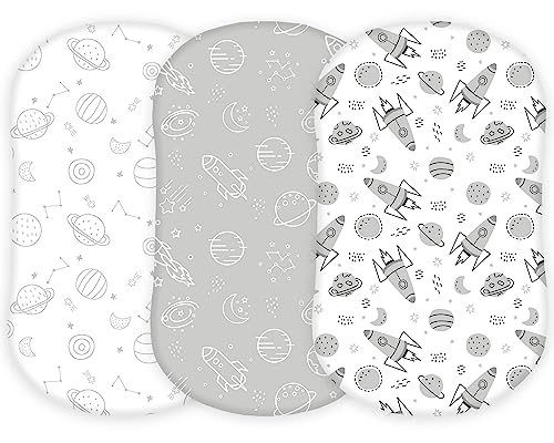 TansyPanda Bassinet Sheets for Halo Bassinest Swivel, Flex, Glide, Premiere and Luxe Series Sleeper, Pack of 3, 33 X 17 Inch, Ultra Soft and Snug Fit, Unisex Boys Girls, Gray White (Space Rockets) von TANSY PANDA