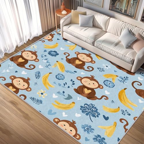TANTANICAL AFFE Teppich Wohnzimmer, 200x200, Cartoon Blau Motiv Design Schlafzimmer Zimmer Deko Teppich, Waschbar, rutschfest, Kurzflor, Weich (Q13) von TANTANICAL