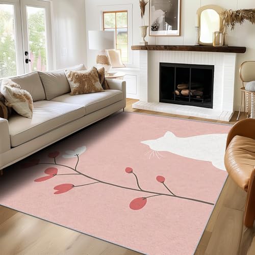 TANTANICAL Blumen Katze Teppich Eingangsbereich Innen, Fußmatte Klein 60x90, Einfach Rosa Motiv Design Teppich Eingang Schlafzimmer, Waschbar, rutschfest, Kurzflor, Weich (B02) von TANTANICAL