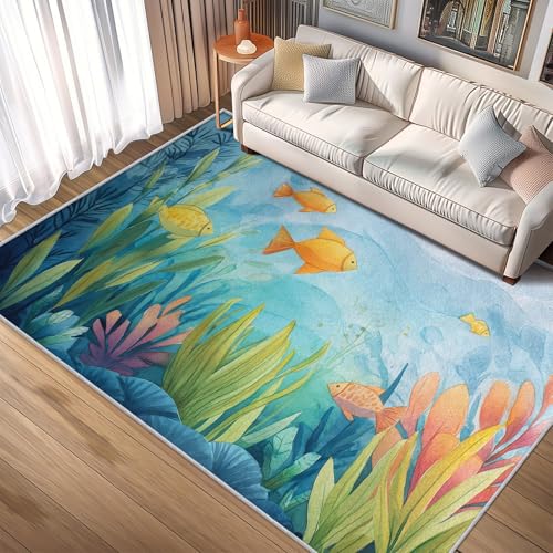 TANTANICAL Cartoon Fisch Teppich Wohnzimmer, 200x300, Meerestiere Motiv Design Schlafzimmer Zimmer Deko Teppich, Waschbar, rutschfest, Kurzflor, Weich (B142) von TANTANICAL