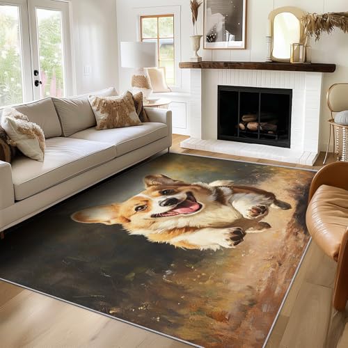 TANTANICAL Corgi Teppich Wohnzimmer, 100x150, Süßer Hund Motiv Design Schlafzimmer Zimmer Deko Teppich, Waschbar, rutschfest, Kurzflor, Weich (N60) von TANTANICAL