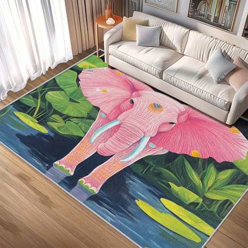 TANTANICAL Elefant Teppich Wohnzimmer, 120x160, Rosa Motiv Design Schlafzimmer Zimmer Deko Teppich, Waschbar, rutschfest, Kurzflor, Weich (T61) von TANTANICAL