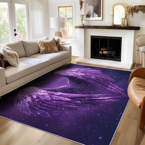 TANTANICAL Engelsflügel Teppich Wohnzimmer, 160x230, Lila Motiv Design Schlafzimmer Zimmer Deko Teppich, Waschbar, rutschfest, Kurzflor, Weich (B296) von TANTANICAL