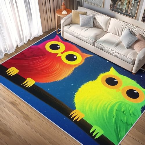 TANTANICAL Eule Teppich Wohnzimmer, 200x200, Rot Grün Motiv Design Schlafzimmer Zimmer Deko Teppich, Waschbar, rutschfest, Kurzflor, Weich (B282) von TANTANICAL