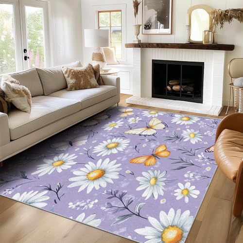 TANTANICAL Gänseblümchen Teppich Eingangsbereich Innen, Fußmatte Klein 60x90, Lila Blumen Motiv Design Teppich Eingang Schlafzimmer, Waschbar, rutschfest, Kurzflor, Weich (HE73) von TANTANICAL