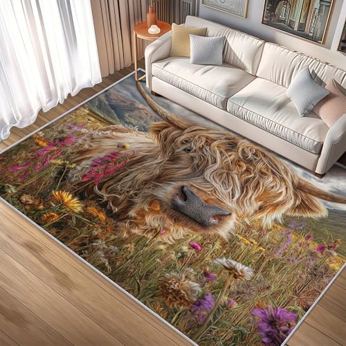 TANTANICAL Hochlandrind Teppich Wohnzimmer, 160x200, Nutztiere Motiv Design Schlafzimmer Zimmer Deko Teppich, Waschbar, rutschfest, Kurzflor, Weich (B223) von TANTANICAL