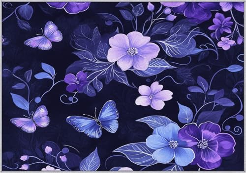 TANTANICAL Lila Blumen Teppich Wohnzimmer, 160x220, Schmetterling Lila Motiv Design Schlafzimmer Zimmer Deko Teppich, Waschbar, rutschfest, Kurzflor, Weich (K96) von TANTANICAL