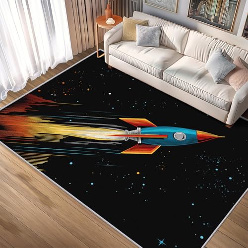 TANTANICAL Rakete Teppich Wohnzimmer, 120x170, Universum Motiv Design Schlafzimmer Zimmer Deko Teppich, Waschbar, rutschfest, Kurzflor, Weich (B190) von TANTANICAL