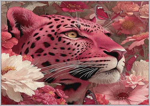 TANTANICAL Rosa Leopard Teppich Eingangsbereich Innen, Fußmatte Klein 60x90, Tier Blumen Motiv Design Teppich Eingang Schlafzimmer, Waschbar, rutschfest, Kurzflor, Weich (X628) von TANTANICAL