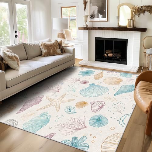 TANTANICAL Seestern Muschel Teppich Eingangsbereich Innen, Fußmatte Klein 60x90, Boho Küstenmotiv Motiv Design Teppich Eingang Schlafzimmer, Waschbar, rutschfest, Kurzflor, Weich (N115) von TANTANICAL