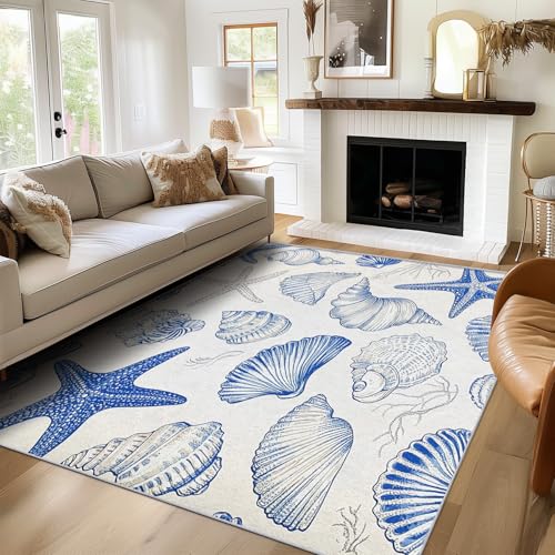 TANTANICAL Seestern Muschel Teppich Eingangsbereich Innen, Fußmatte Klein 60x90, Küstenmotiv Motiv Design Teppich Eingang Schlafzimmer, Waschbar, rutschfest, Kurzflor, Weich (N73) von TANTANICAL