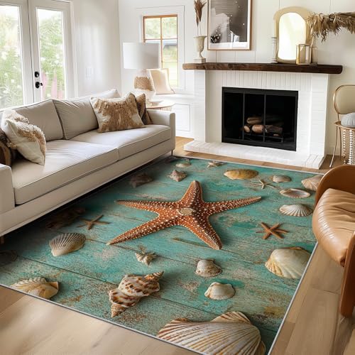 TANTANICAL Seestern Muschel Teppich Eingangsbereich Innen, Fußmatte Klein 60x90, Strand Motiv Design Teppich Eingang Schlafzimmer, Waschbar, rutschfest, Kurzflor, Weich (N144) von TANTANICAL