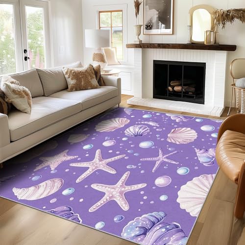 TANTANICAL Seestern Muschel Teppich Wohnzimmer, 160x220, Lila Motiv Design Schlafzimmer Zimmer Deko Teppich, Waschbar, rutschfest, Kurzflor, Weich (N110) von TANTANICAL