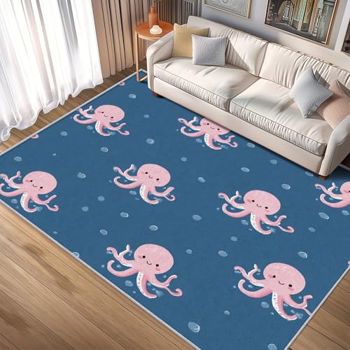 TANTANICAL Süßer Oktopus Teppich Wohnzimmer, 160x200, Cartoon Motiv Design Schlafzimmer Zimmer Deko Teppich, Waschbar, rutschfest, Kurzflor, Weich (Q223) von TANTANICAL