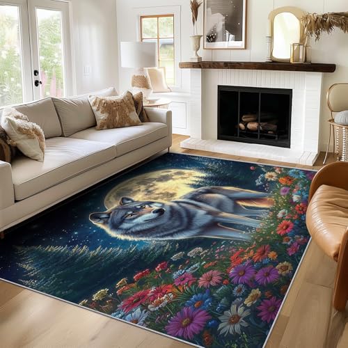 TANTANICAL Wolf Teppich Wohnzimmer, 200x200, Tier Motiv Design Schlafzimmer Zimmer Deko Teppich, Waschbar, rutschfest, Kurzflor, Weich (B282) von TANTANICAL