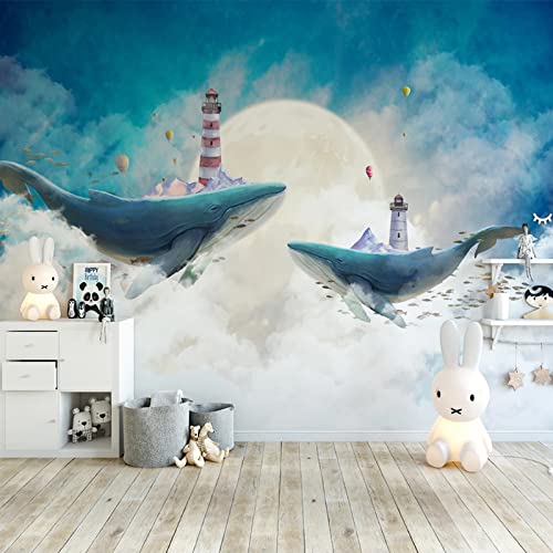 Benutzerdefinierte Fototapete Tapete Nordischen Stil Kreative Handgemalte Himmelblau Weiße Wolken Cartoon Wal Kinderzimmer Hintergrund Kunst 300Cm(W)×210Cm(H) von TANYANG
