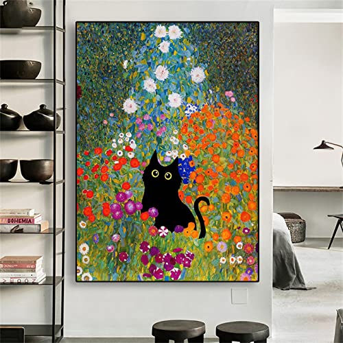 Klassisches Poster Gustav Klimt Garten Katzendruck Blumen Schwarz Katze Kunst Leinwand Malerei Floral Lustige Katze Bilder Schlafzimmer Dekor 40X50Cm Kein Rahmen von TANYANG