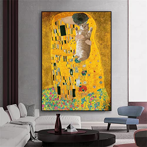 Lustige Gustav Klimt Kunst Poster Der Kuss Katze Druck Leinwand Malerei Bunt Blumendruck Geschenk Für Katzenliebhaber Schlafzimmer Wand Art Dekor 50X70Cm Kein Rahmen von TANYANG