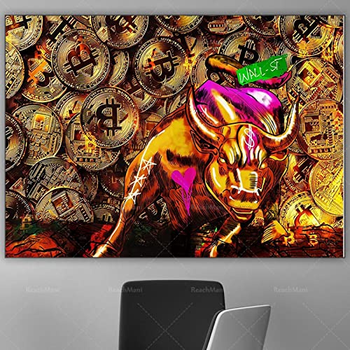 TANYANG Aquarell Poster Völkerball Leading The Bull , Börse, Bull Run Crypto Bitcoin Poster, Stock Trader Office Decor Geschenk 60X90Cm Kein Rahmen von TANYANG