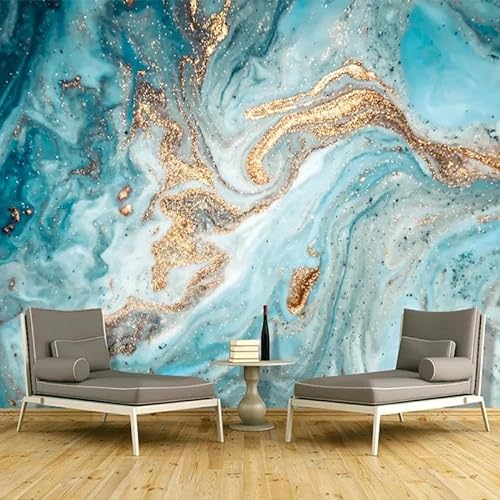 TANYANG Benutzerdefinierte 3D-Wandbild-Tapete Mit Blauer Tinte, Landschaftskunst, Wandmalerei, Abstrakte Goldene Marmorstruktur, Wohnzimmer-Tapeten, Heimdekoration 300Cm(W)×210Cm(H) von TANYANG