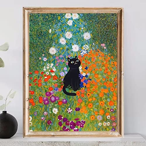 TANYANG Garten Blume Schwarze Katze Gustav Klimt Poster Leinwand Ölgemälde Lustige Katze Blumen Wandkunst Für Galerie Ästhetische Raumdekoration 40X50Cm Kein Rahmen von TANYANG