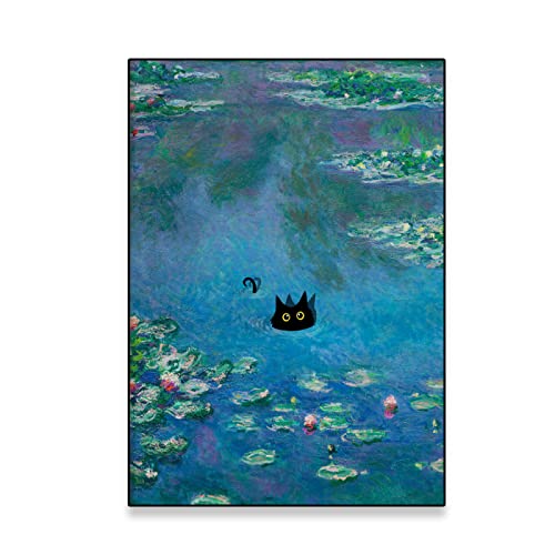 TANYANG Klassisch Monet Seerose Katze Druck Poster Claude Monet Schwarze Katze Kunstdrucke Blumen Lustige Katze Leinwand Malerei Geschenk Schlafzimmer Dekor 21X30Cm Kein Rahmen von TANYANG