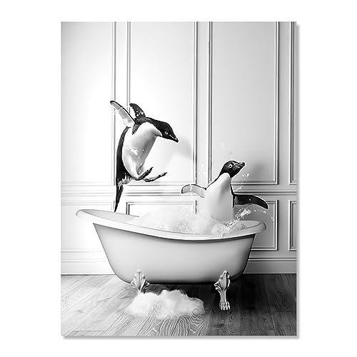 TANYANG Nordisch Badezimmer Dekoration Tier Poster Pinguin Badewanne Schwarz Weiß Leinwand Malerei Retro Wandkunst Wohnkultur 40X50Cm No Frame von TANYANG