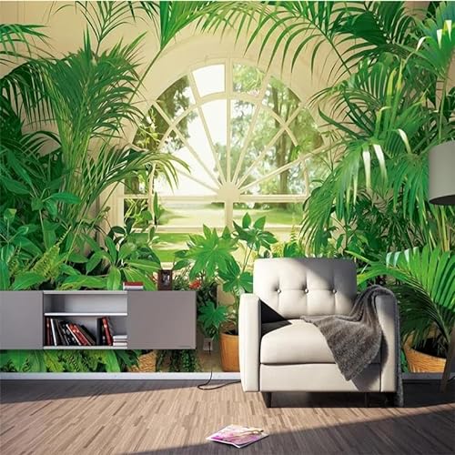 TANYANG Passen Sie Jede Größe 3D-Tapete Wohnzimmer Sofa Wandoberfläche Moderne Nordische Grüne Pflanze Fenster Pastoralen Hintergrund Wandbild An 200Cm(W)×140Cm(H) von TANYANG
