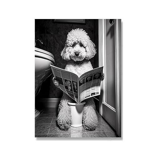 TANYANG Tiere, Die Auf Der Toilette Sitzen Und Eine Zeitung Lesen, Druckt Lustige Badezimmer-Wanddekorationsbilder Hunde-Wc Wandposter 21X30Cm No Frame von TANYANG